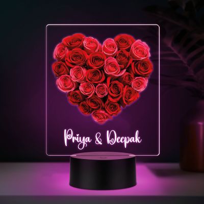 Personalized Name LED Night Light, Rose Heart Design Color Changing Light with Black Base Gift for Valentines Day & Rose Day Gift for Couples
